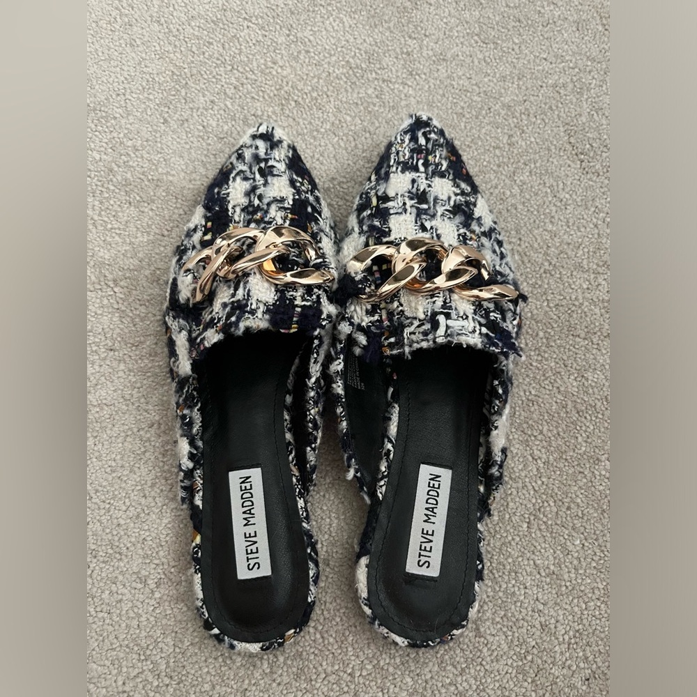 New without tags - Steve Madden Finn mules 9.5 tweed gold buckle blue navy white